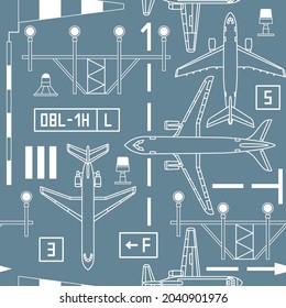 Seamless vector pattern with passenger airplanes, strip lights and signs on gray background. Can be used for graphic design, textile design or web design.