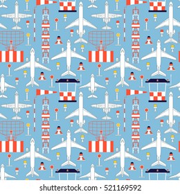 Seamless vector pattern with passenger airplanes and aerodrome facilities can be used for graphic design, textile design or web design.