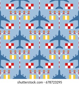 Seamless vector pattern with passenger airplanes, strip lights and signs. Can be used for graphic design, textile design or web design.