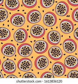 Seamless vector pattern with passion fruit. Tropical, summer background for textiles or paper.