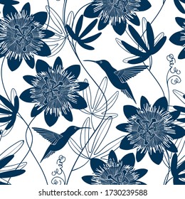 Seamless vector pattern with passionflowers and hummingbirds. Nature background. Monochrome silhouettes on white.