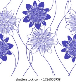 Seamless vector pattern with passionflowers. Nature background. Monochrome.