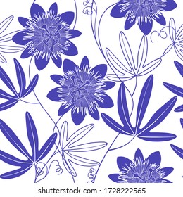 Seamless vector pattern with passionflowers. Nature background. Monochrome silhouettes on white.