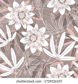 Seamless vector pattern with passionflowers. Nature background. Pastel color.