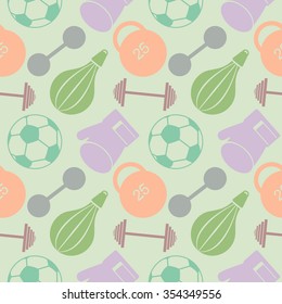 Seamless vector pattern. Pastel background with closeup colorful sports equipment. Soccer ball, punching bag, gloves, barbells, dumbbells and weight.