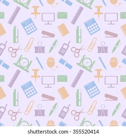 Seamless vector pattern. Pastel background with elements of colorful office supplies on the light backdrop
