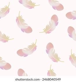 Seamless vector pattern of  pastel color feathers, boho design, children textile fabric design