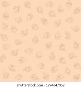 Seamless vector pattern in pastel colores for wrapping, wallpaper and fabric. Contour cupcakes with whipped cream on pink background