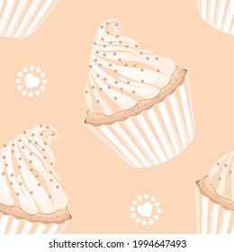 Nahtlose Vektorgrafik in Pastellfarben zum Umhüllen, Tapeten und Stoff. Cupcakes mit rosafarbener Sahne und Konditorei-Brinklen auf rosafarbenem Hintergrund