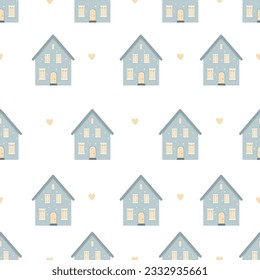 Seamless vector pattern in pastel colors. Cute houses and beige hearts 