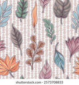 
Seamless vector pattern in pastel colors with fallen autumn leaves of different shapes.