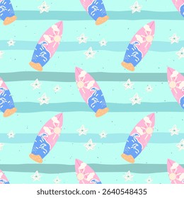 Seamless vector pattern in pastel colors with cute surfboards, tropical beach mood. Perfect for childrens clothing, wrapping paper, summer textiles