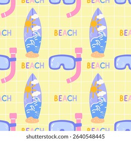 Seamless vector pattern in pastel colors with cute surfboards, diving glasses, tropical beach mood. Perfect for children's clothing, wrapping paper, summer textiles