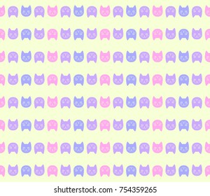 Seamless vector pattern in pastel colors with smiley cat faces arranged in lines.