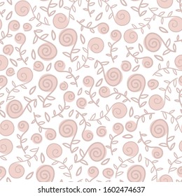 A seamless vector pattern with pastel doodle rose flowers on a white background. Girly desorative surfacec print design. Great for romantic cards, backgrounds and packaging.