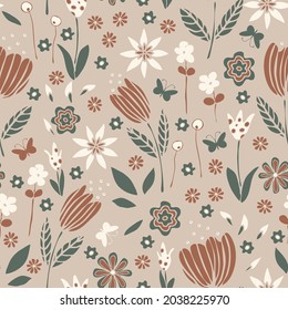 Seamless vector pattern with pastel flower garden on beige background. Simple soft floral wallpaper design. Decorative dream meadow fashion textile.