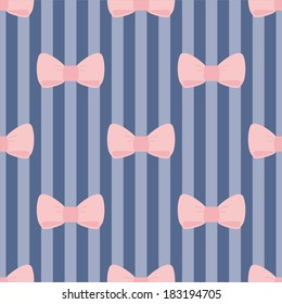 Seamless vector pattern with pastel pink bows on a navy blue strips background. For desktop wallpaper or kids website design