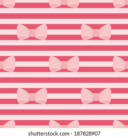 Seamless vector pattern with pastel pink bows on a red tile strips background.