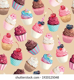 Seamless vector pattern with pastel pink cupcakes