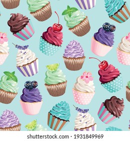 Seamless vector pattern with pastel pink cupcakes