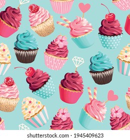 Seamless vector pattern with pastel pink cupcakes