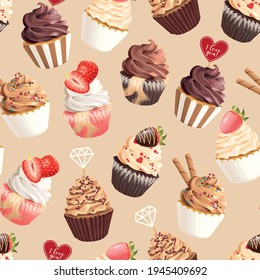 Seamless vector pattern with pastel pink cupcakes