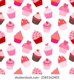 Seamless vector pattern with pastel pink cupcakes