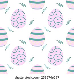 Seamless vector pattern with pastel pink and turquoise Easter eggs and leaves on a white background. Perfect for festive wrapping, fabric, or greeting cards.
