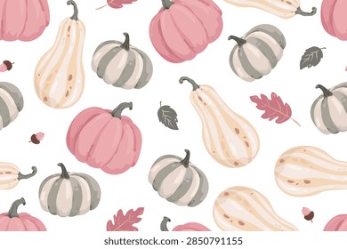 Seamless vector pattern with pastel pink and grey pumpkins, butternut squash, and autumn leaves. Cute fall background for fabric, wallpaper, and Thanksgiving designs.