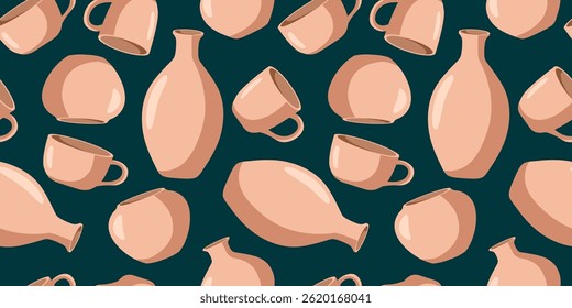 seamless vector pattern of pastel terracotta pottery on dark teal background, repeating design with vases and mugs, rustic handmade ceramic texture for print and textile