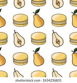 Seamless vector pattern of pastel yellow macarons and pears, a delightful illustration perfect for bakery branding or sweet-themed designs.