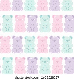 Seamless vector pattern of pastel-colored gummy bears in soft shades. Perfect for playful designs, kids' products, candy packaging, and fun digital projects. Sweet, colorful, and joyful aesthetic.