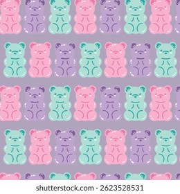 Seamless vector pattern of pastel-colored gummy bears in soft shades. Perfect for playful designs, kids' products, candy packaging, and fun digital projects. Sweet, colorful, and joyful aesthetic.