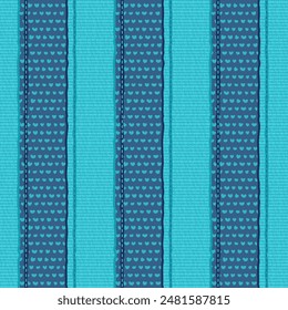 
Seamless vector pattern, patchwork, machine stitching, pattern in blue tones, texture, specks, hearts, vertical stripes, fabric