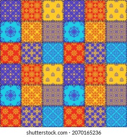 Seamless vector pattern in patchwork style. Square mosaic with ornament. Vibrant vintage designs for textiles, tiles, surface prints. 