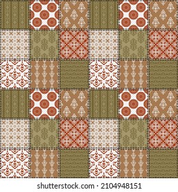 Seamless vector pattern in patchwork style. Square mosaic with ornament. Vibrant vintage designs for textiles, tiles, surface prints. 