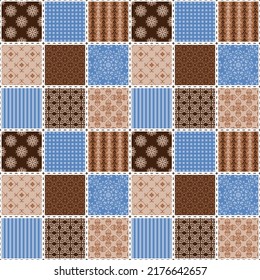 Seamless vector pattern in patchwork style. Quilted fabric sewn from patches. Square mosaic with ornament. 