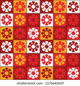 Seamless vector pattern in patchwork style. Quilted fabric sewn from patches. Square mosaic with ornament. 