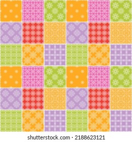 Seamless vector pattern in patchwork style. Textile design with square mosaic. Ethnic ornament in handmade style. 