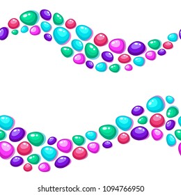 Seamless vector pattern with paths of cute bright green, pink and blue round pebbles on a white background. Wet little stones. Beach illustration