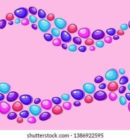 Seamless vector pattern with paths of cute bright violet, pink and blue round pebbles on a pink background. Wet little stones. Beach illustration