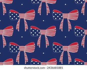 Seamless vector pattern with patriotic USA ribbon bows, stars and stripes, 4th of July, Independence