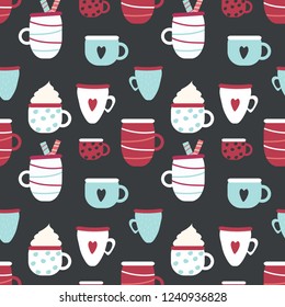 Seamless vector pattern with patterned cups on the dark background. Perfect for menu, banners, wrapping paper, etc.