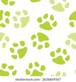 Seamless vector pattern of paw prints in varying shades of green on a clean white background. Perfect for pet-themed designs, kids’ products and fabrics.