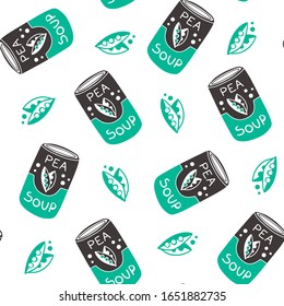 Patrón vectorial de sopa de guisantes. Cute kawaii ilustración de sopa de lata para diseño y concepto