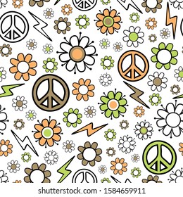 Seamless vector pattern with peace symbol and flowers on white background. Floral pastel repeat design for textile, fashion. Vintage, retro wallpaper print.