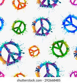 Seamless vector pattern - Vector peace symbol in watercolor splashes
