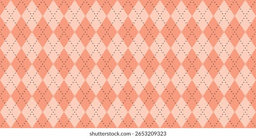 Seamless vector pattern with peach and cream argyle diamonds and dotted lines, retro geometric textile design for fashion, wrapping paper, cozy decoration, soft stylish diagonal background motif