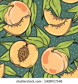 Seamless vector pattern with peach, part and branch with leaves on grey background. Good for printing. Wallpaper, fabric and textile design. Cute wrapping paper pattern.