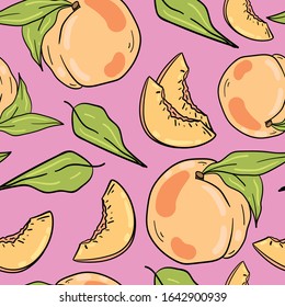 Seamless vector pattern with peach, slice and leaves on pink background. Good for printing. Wallpaper, fabric and textile  design. Wrapping paper pattern. Cute botanical pattern.